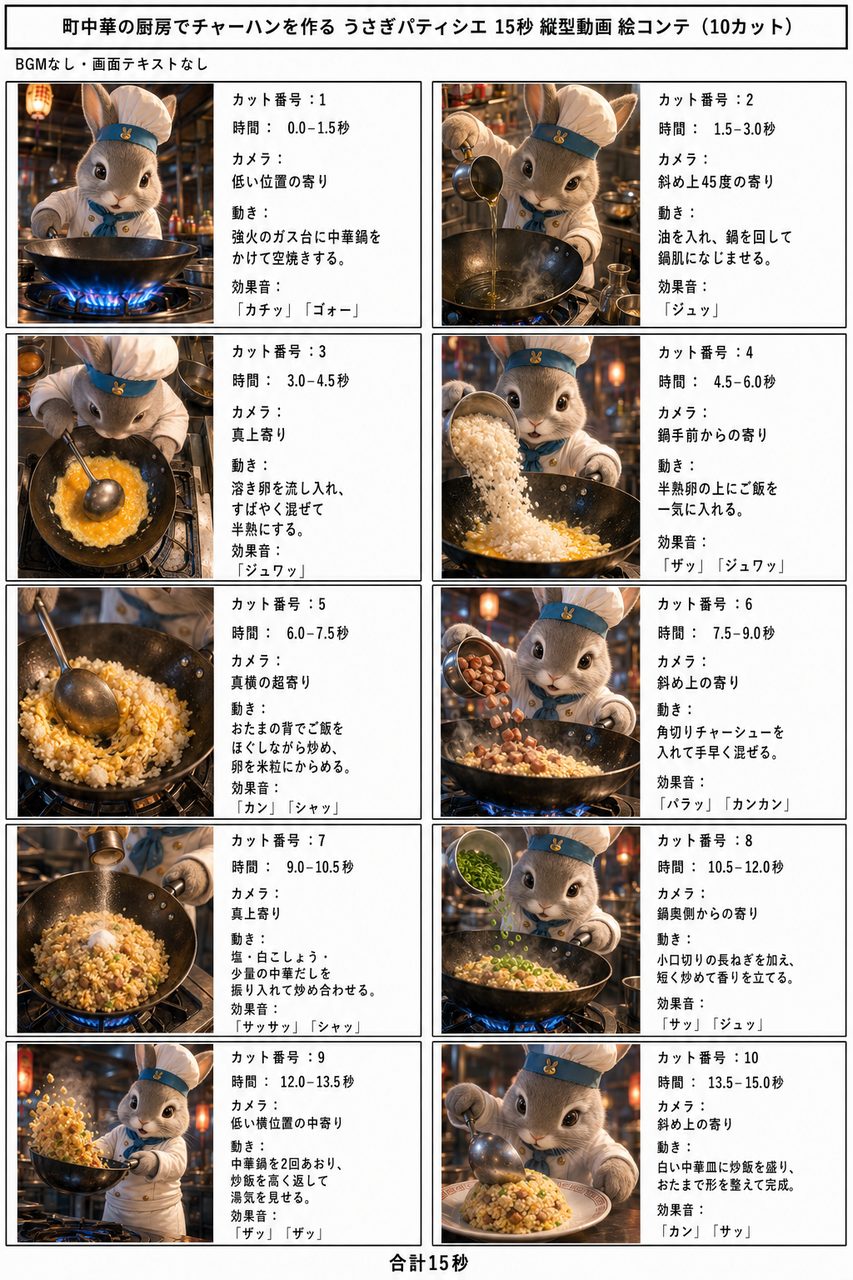 町中華の厨房でチャーハンの10カットストーリーボード